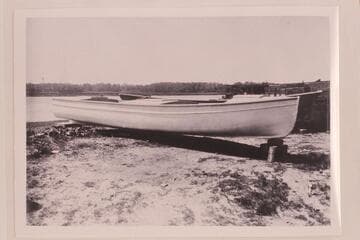 One of Eddy's large boats which became either the "Powell" or the "Coronado," photographed after her arrival at Greenriver, Utah.  The design was Eddy's attempt to follow the boats of the second Powell party