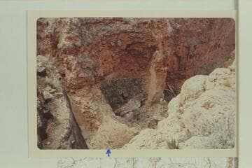 Royal Arch seen from above.  Arrow points to landing point of helicopter, top of Arch