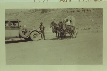 Setting up the picture of The Old and The New.  Dedication of the Marble Canyon Bridge.  Print from Freeman collection