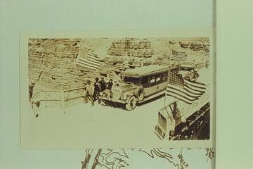 Bus on Marble Canyon Bridge at time of dedication.  Print from Freeman collection