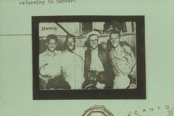The four photographers and newsmen of the Denver Post crew after leaving the River at the mouth of the Yampa River 1928, Sep. 01; spending the night at the Chew Ranch in Pool Creek Ranch and returning to Denver