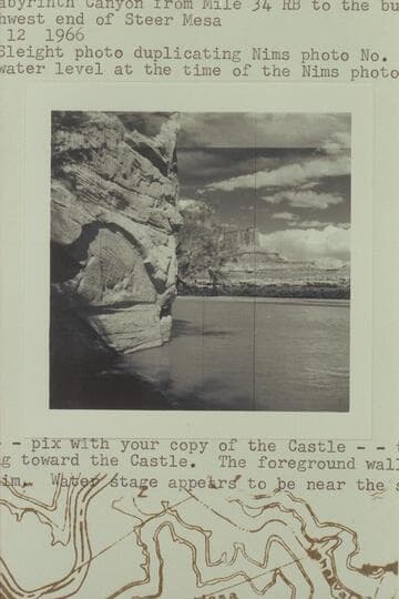 Up Labyrinth Canyon from Mile 34 right bank to the butte off the southwest end of Steer Mesa.  Sleight photo duplicating Nims photo No. 17 of 1889.  The water level at the time of the Nims photo was about 1 ft. higher