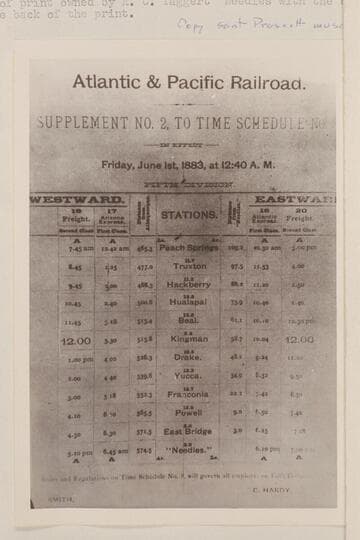 First A & P schedule, 1883, Peach Springs to Needles