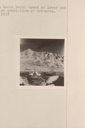 Nevills boats being towed at lower end of Grand Canyon after completion of traverse