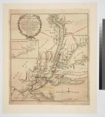 The seat of action between the British and American forces or an authentic plan of the western part of Long Island with the engagement of the 27th. August 1776. between the King's Forces and the Americans: containing also Staten Island, and the environs of Amboy and New York, with the course of Hudsons River, from Courtland the Great Magazine of the American Army, to Sand Hook / from the surveys of Major Holland