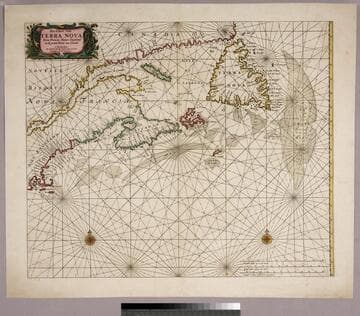 Pas-Caert van Terra Nova, Nova Francia, Nieuw-England en de groote Rivier van Canada. t'Amsterdam, Ny Hendrick Doncker Boekverkoper en Graed booghmaker inde Nieuwbrug Steegh