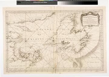 Carte Réduite du Golphe de St. Laurent Contenant l'Isle de Terre Neuve et Partie de la Coste des Esquimaux l'Isle Royale l'Isle St. Jean et celle d'Anticosti &c. Dresée au Dépost des Cartes Plans et Journaux de la Marine  pour les Service des Vaisseaux du Roi. Par Ordre de M. Rouillé Ch. Comte de Jouy &c. Ministre et Secretaire d'Etat ayant le Departement de la Marine MDCCLIV