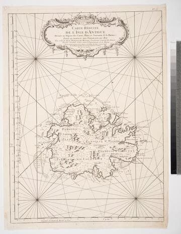 Carte Réduite de l'Isle d'Antigue Dresée au Dépost des Cartes Plans et Journaux de la Marine. Pour le Service des Vaisseaux du Roy Par order de M. le Marquis de Massaic Lieutenant Général des Armées Navales Sacretaire d'Etat aiant de Département de la Marine. Par le Sr. Bellin Ingenieur de la Marine et du Dépost des Plansd Censeur Royal de l'Academie de Marine de la Société Royale de :Londres. Tirée des Cartes Angloises. 1758