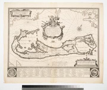 Mappa Aestivarum Insularum : alias Bermudas dictarum, ad Ostia Mexicani aestuarij jacentium in latitudine Graduum 32 Minutorum 25 ; ab Anglia, Londino scilicet versus libonotum 3300 miliaribus Anglicanis, et a Roanoack (qui locus est in Virginia) versus euronotum 500 Mill. accurate descripta