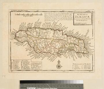 The Island of Jamaica Divided into its Principal Parishes with the Roads &c. / By Herman Moll, Geographer