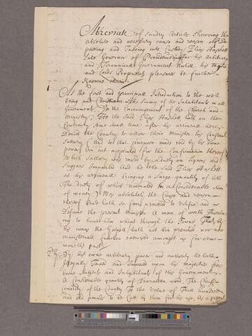 Lightwood, Ellis. A breviate of sundry Articles shewing the absolute and necessary cause and reason of Deposing Elias Haskett, Late Governor of Providence
