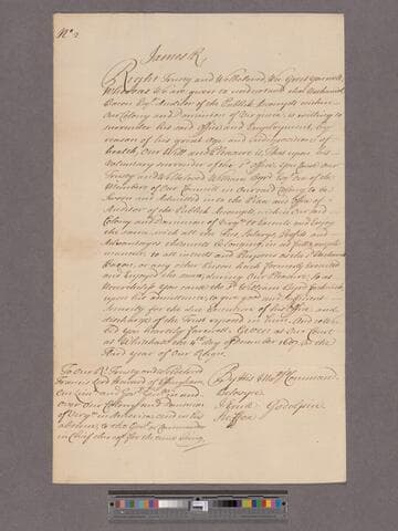 James II, King of Great Britain. To Francis, Lord Howard of Effingham : [Warrant for the appointment of William Byrd I, as auditor of Virginia.]