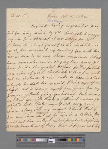 Robinson-Morris, Matthew, 2nd Baron Rokeby. Letter to Edward Montagu