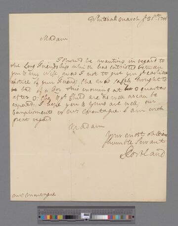 Bentinck, William, 2nd Duke of Portland. Letter to Elizabeth (Robinson) Montagu