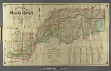 Official map of Placer County, California : compiled from the latest authentic sources ; showing U. S. Land Surveys, mining claims, altitudes, roads, ditches, towns and villages, school districts, etc., etc. / by E.C. Uren, County Surveyor ; compiled and drawn by Cha's. E. Uren, C.E