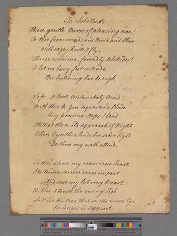 [Unknown author]. To Solitude: [a poem in 9 stanzas of 6 lines each]