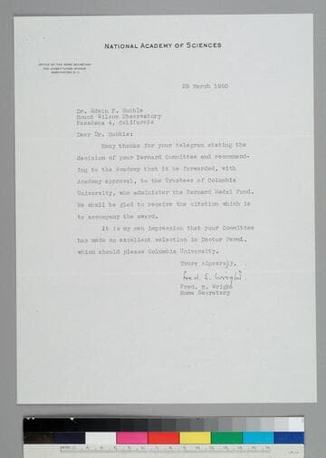 Fred Wright, Home Secretary of the National Academy of Sciences, writes to EPH