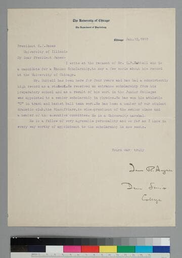 James Angell, Dean of the Senior College, University of Chicago, writes to Edmund Jame