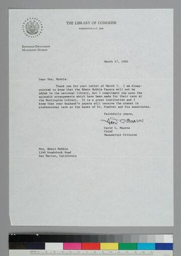 David Mearns, Chief of the Manuscripts Division, Library of Congress, writes to GBH