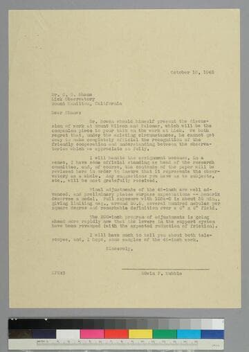 EPH writes to astronomer Donald Shane