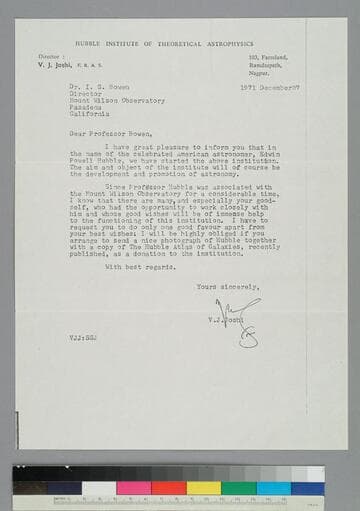 V. J. Joshi, director of the Hubble Institute of Theoretical Astrophysics, writes to Ira Bowen