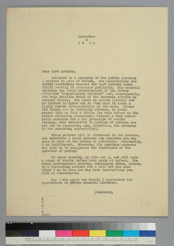 EPH writes to Lord Lothian (Henry Phillip Kerr)