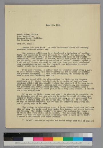 EPH writes to Frank Miles of the Iowa Legionnaire