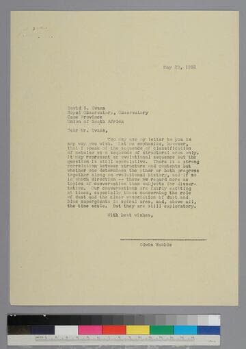 EPH writes to astronomer David Evans of the Royal Observatory