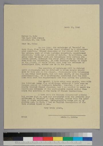 EPH writes to Walter Cole regarding canals on Mars