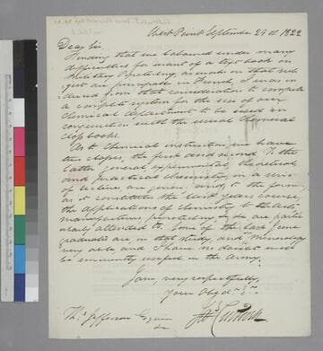 James Cutbush, West Point, letter to Thomas Jefferson, Monticello