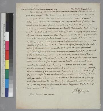 Thomas Jefferson, Monticello, letter to Josef Yznardi