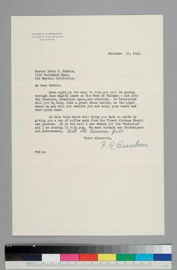 Frederick Burnham writes to Edwin Hubble