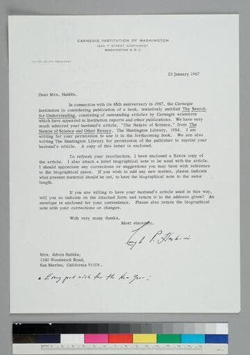 Caryl Haskins, president of the Carnegie Institution, writes to GBH