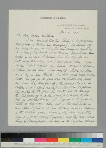 Actor George Arliss writes to GBH and EPH with a story about buying a new tea kettle.  He also wonders where they are and says that Margaret Gore-Brown brought him a birthday cake.  He gives news of his wife Florence's health
