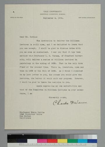 Charles H. Warren, Chairman, Committee on Silliman Lectures, Yale University, writes to EPH