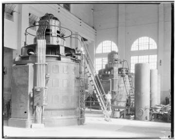 Kern River No. 3 - Interior shot the generator floor at Kern 3 Powerhouse, with two Francis type turbine