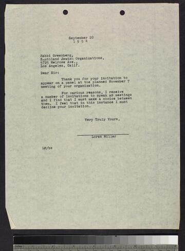 Letter by Loren Miller to Rabbi Greenberg