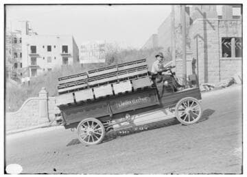A man test driving the Lansden Electric truck on Grand Avenue in Los Angeles