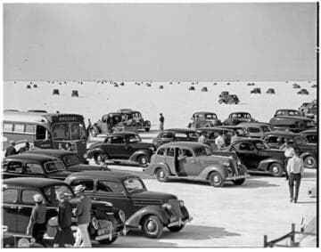 Crowds watching John Cobb, land speed record, Bonneville Salt Flats, Utah. 1939