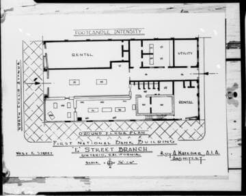 Floor plan showing footcandle intensities at various locations in 1st National Bank Building