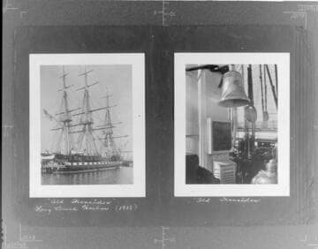 Old Ironsides in Long Beach harbor. ; Old Ironsides deck & bell