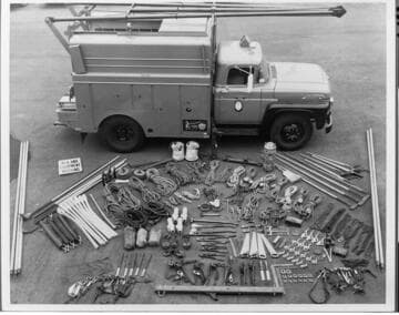 This Calectric line truck from 1955 carried all of the tools and gear spread out before it