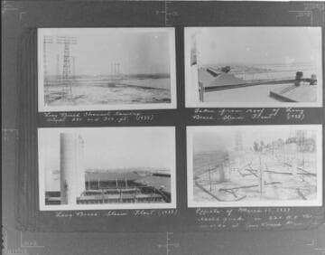 Long Beach Channel Towers. ; Long Beach Harbor from roof of LBSP. ; Long Beach Steam Plant.  ; Effects of 3-10-1933 earthquake, LBSP