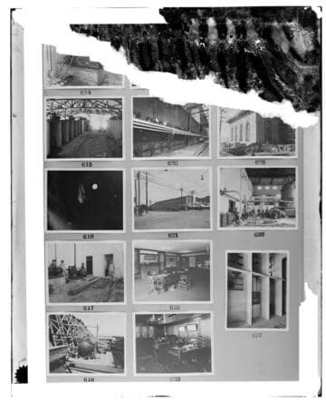 This is a multi-image negative that depicts steam plants, and local offices. Undamaged images included on the plate are copies of original negatives: 02 - 00615; 02