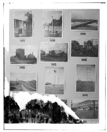 This is a multi-image negative that depicts concrete light poles, railroads, gas plants, ocean pier, city corner and transmission towers
