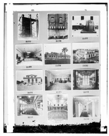 This is a multi-image negative that depicts facilities at L.A. #3, and the Santa Barbara Bath House. Images included on the plate are copies of original negatives: 02 - 03125; 02