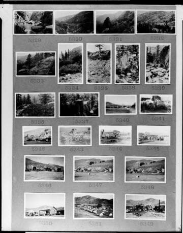 Multiple-image copy film negative with 23 images of Westside Projects for Big Creek, a fire destroying KR3 buildings at Caliente : #02-05329 to #02-05351