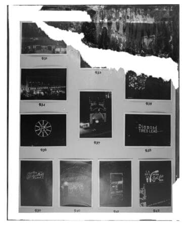 This is a multi-image negative that depicts night photos of downtown street lighting and neon sign advertising. Undamaged images included on the plate are copies of original negatives: 02 - 00934; 02