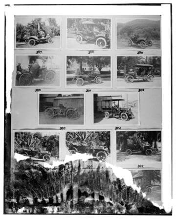 This is a multi-image negative that depicts company automobiles and trucks