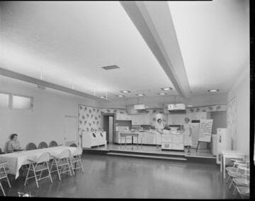 Demonstration kitchen and laundry for showing domestic electric appliances